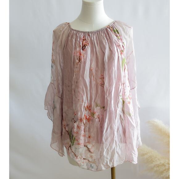 Silk pink Sakura Bell-sleeve top size M - Picture 1 of 4